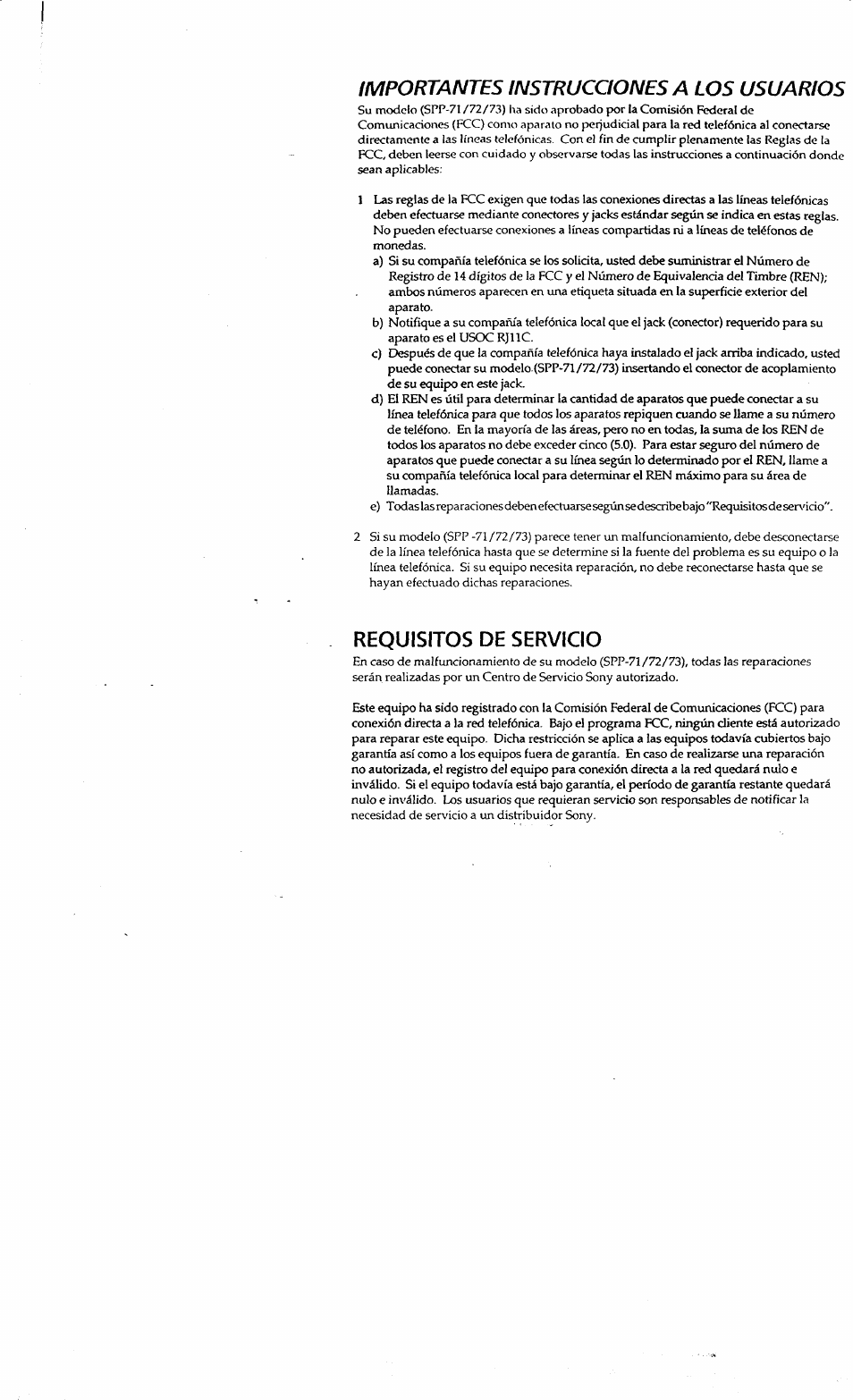 Requisitos de servicio, Importantes instrucciones a los usuarios | Sony SPP-71 User Manual | Page 17 / 24