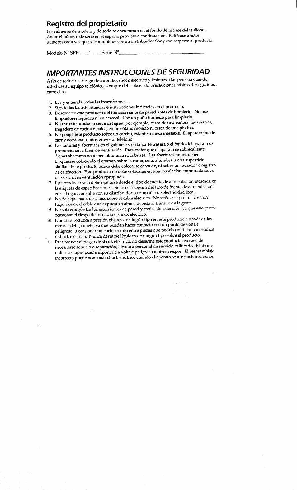 Registro del propietario, Importantes instrucciones de seguridad | Sony SPP-71 User Manual | Page 19 / 24