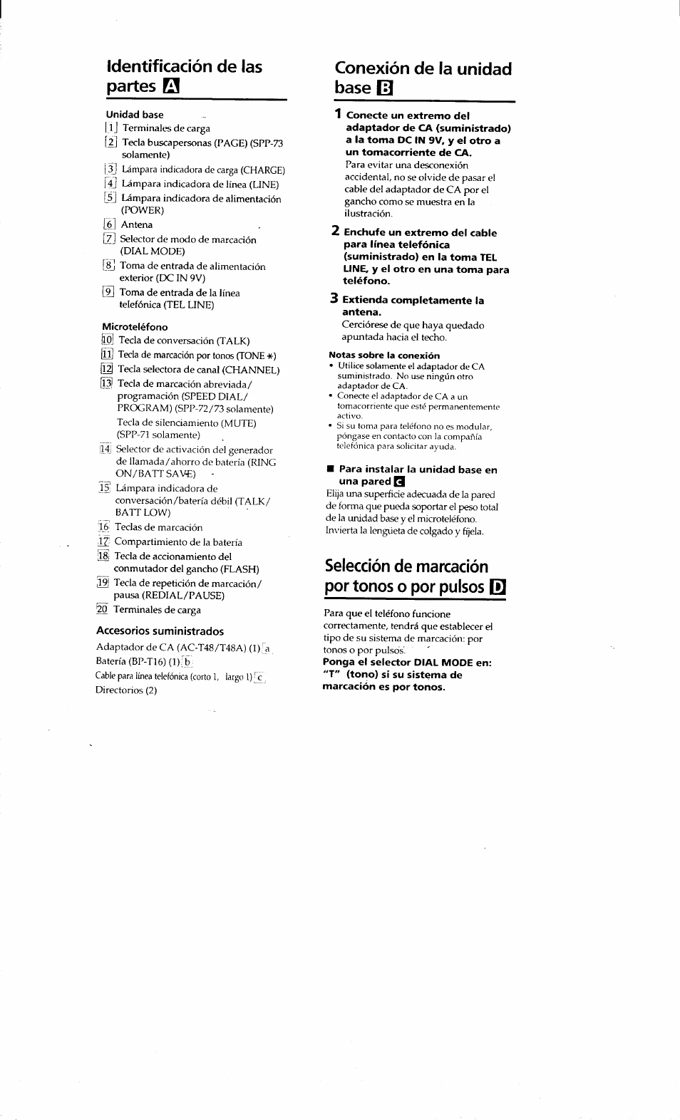 Identificación de las partes и, Unidad base, Microteléfono | Conexión de la unidad base q, 3 extienda completamente la antena, Para instalar la unidad base en una pared q, Selección de marcación por tonos o por pulsos e | Sony SPP-71 User Manual | Page 20 / 24