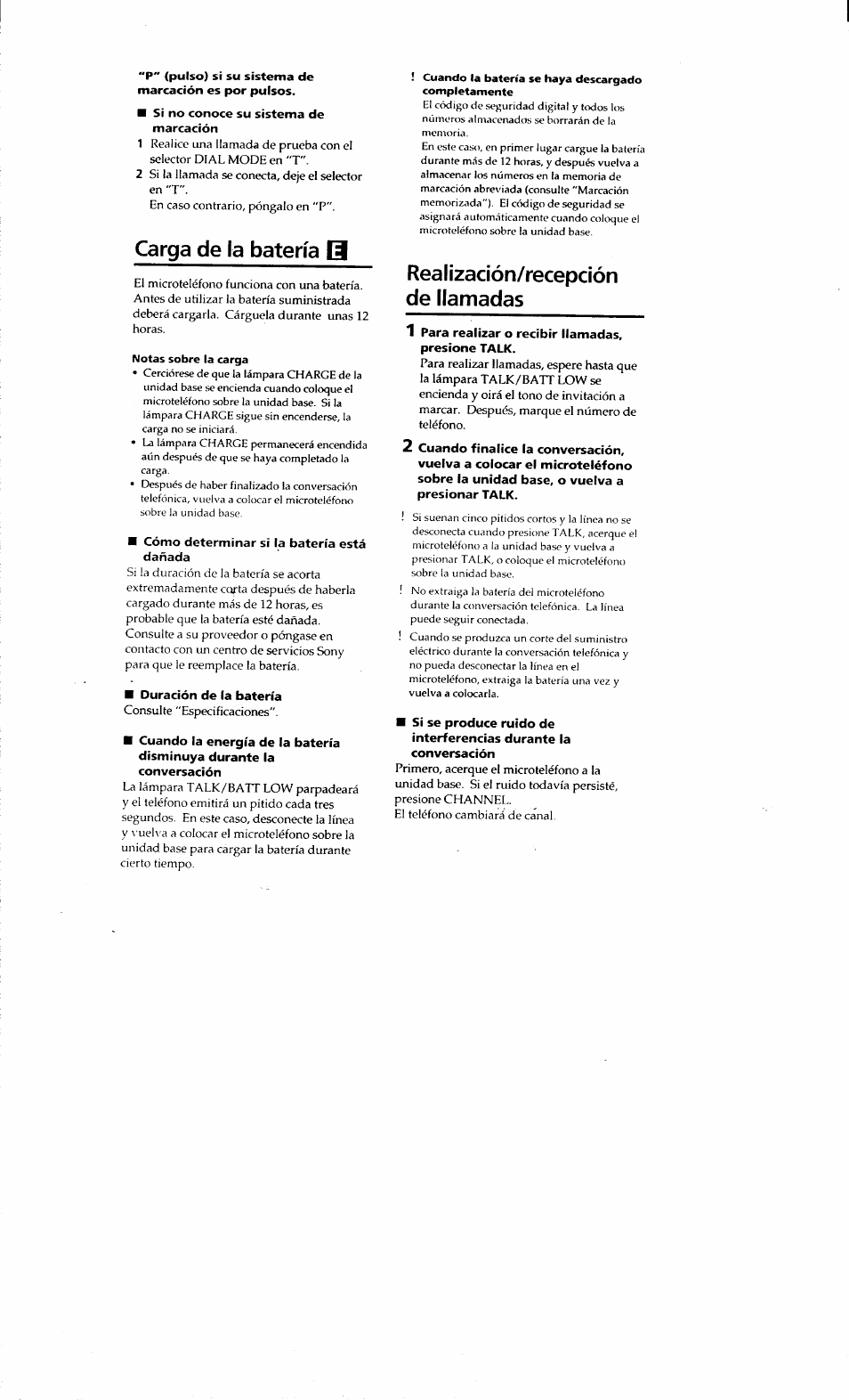 Sí no conoce su sistema de marcación, Carga de la batería b, Realización/recepción de llamadas | 1 para realizar o recibir llamadas, presione talk | Sony SPP-71 User Manual | Page 21 / 24