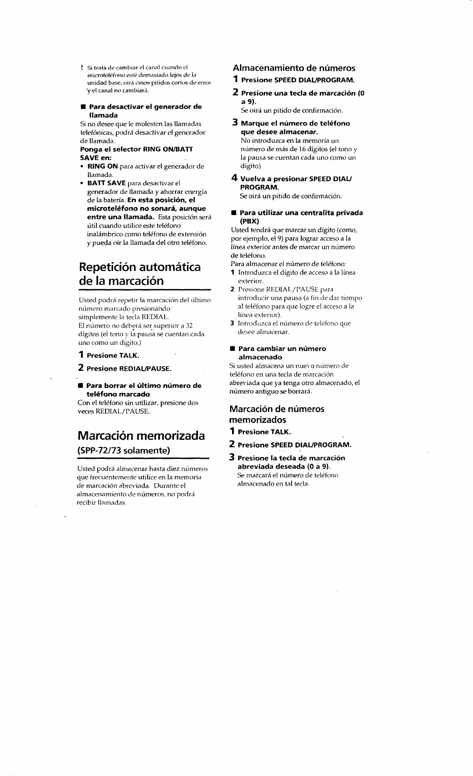 Repetición automática de la marcación, Marcación memorizada, Spp-72/73 solamente) | Almacenamiento de números, Marcación de números memorizados | Sony SPP-71 User Manual | Page 22 / 24