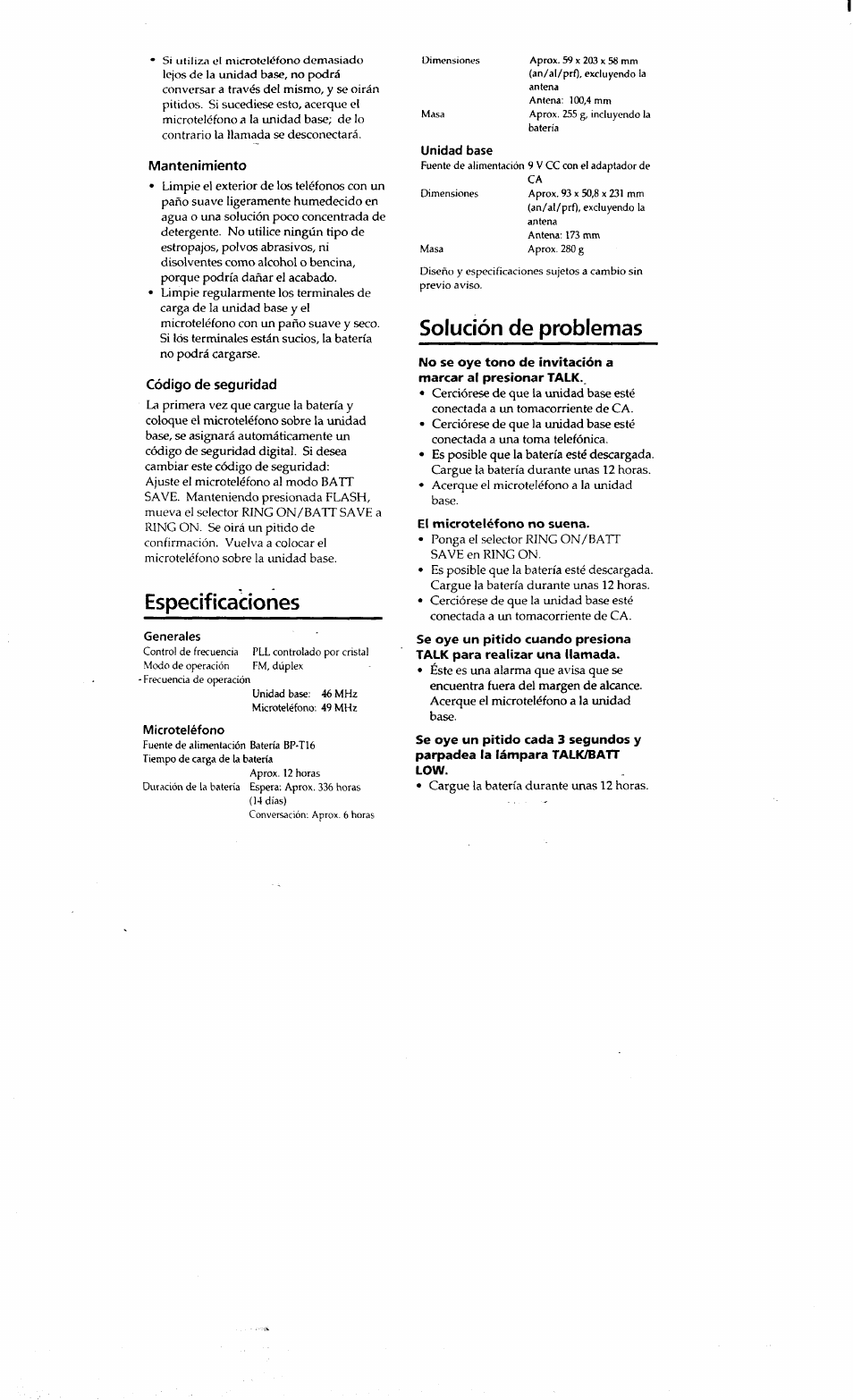 Especificaciones, Generales, Microteléfono | Unidad base, Solución de problemas | Sony SPP-71 User Manual | Page 24 / 24