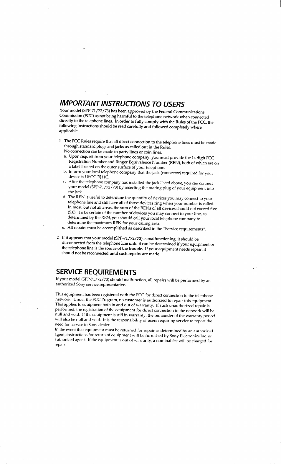 Service requirements, Important instructions to users | Sony SPP-71 User Manual | Page 5 / 24