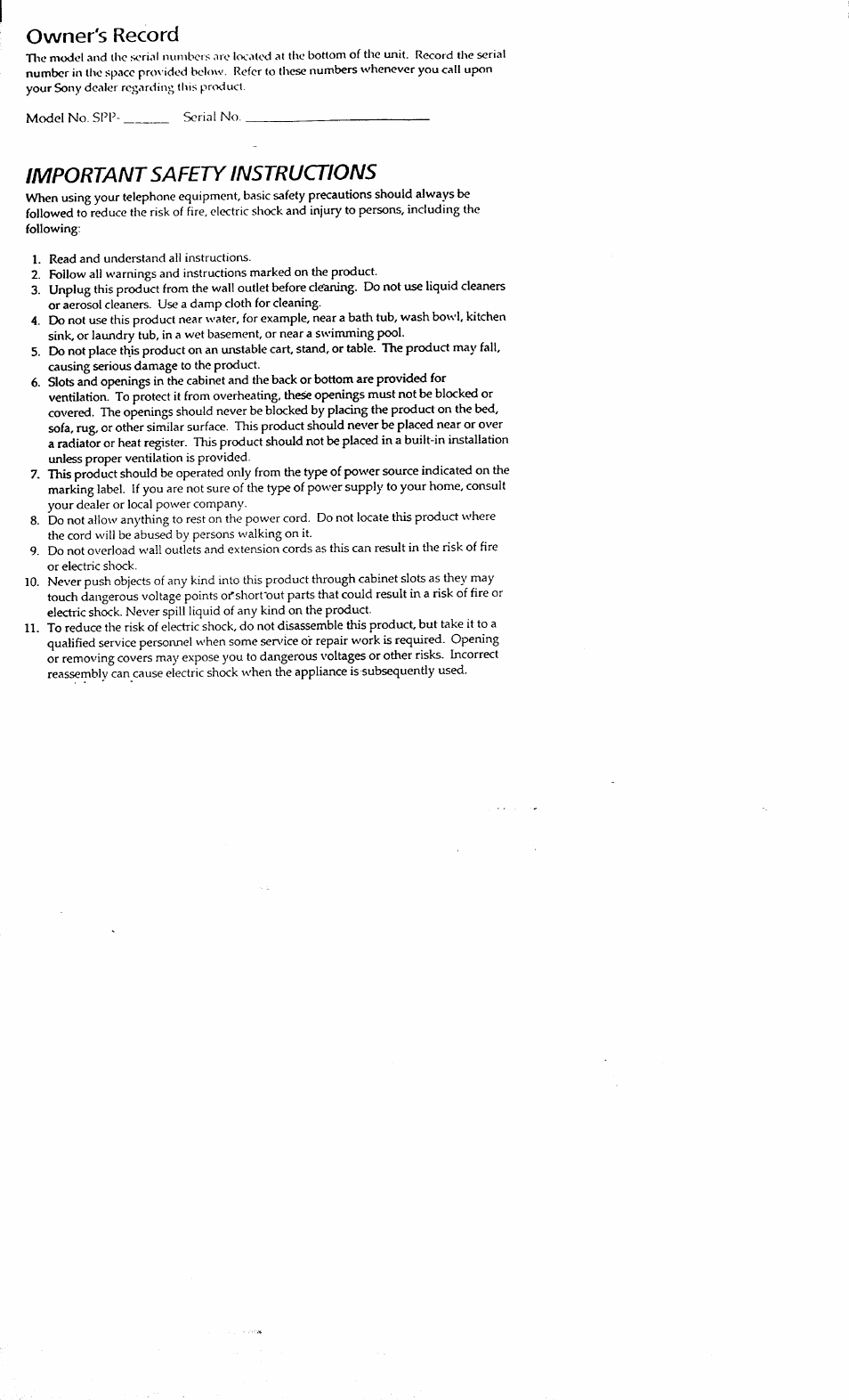 Owner's record, Important safety instructions | Sony SPP-71 User Manual | Page 7 / 24