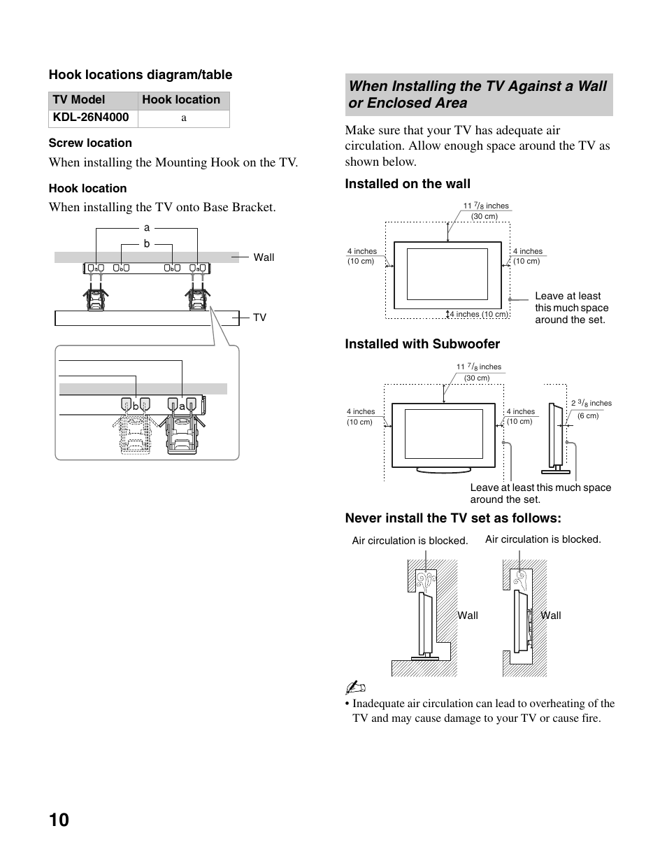 When installing the tv against a wall or, Enclosed area, Hook locations diagram/table | When installing the mounting hook on the tv | Sony KDL-26N4000 User Manual | Page 10 / 48