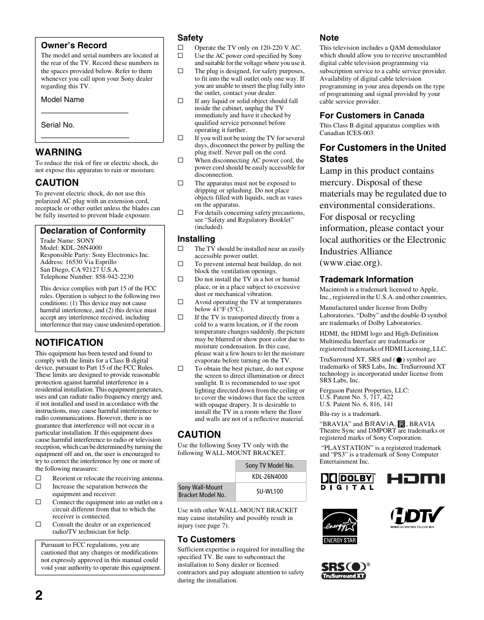 Warning, Caution, Notification | Sony KDL-26N4000 User Manual | Page 2 / 48