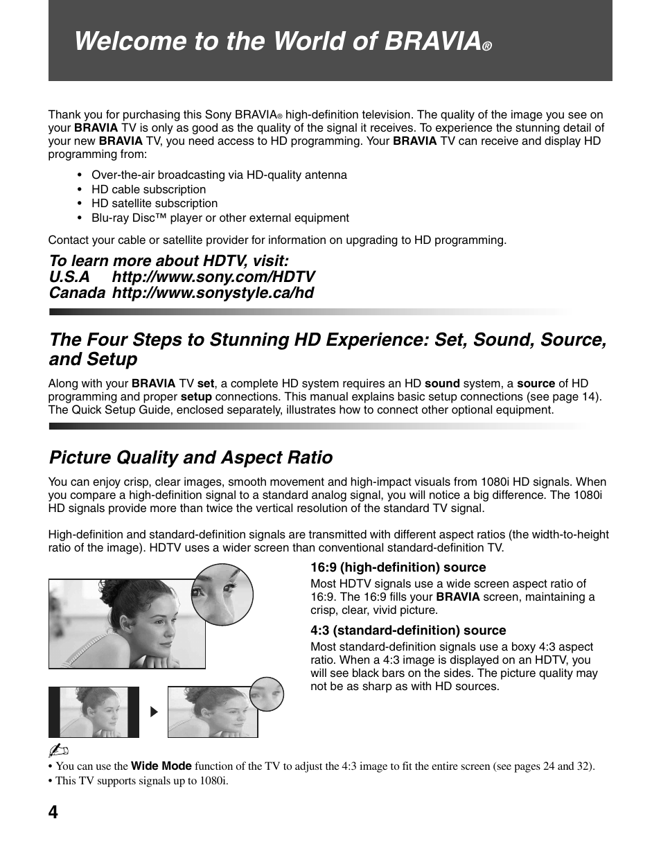 Welcome to the world of bravia, Picture quality and aspect ratio, The four steps to stunning hd experience | Set, sound, source, and setup | Sony KDL-26N4000 User Manual | Page 4 / 48
