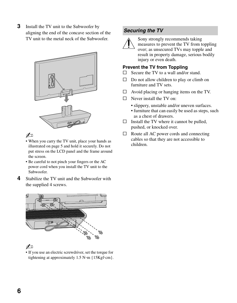 Securing the tv | Sony KDL-26N4000 User Manual | Page 6 / 48