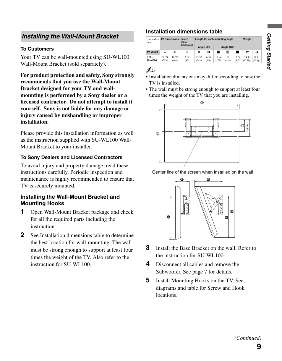 Installing the wall-mount bracket, Continued), Gettin g starte d to customers | Sony KDL-26N4000 User Manual | Page 9 / 48