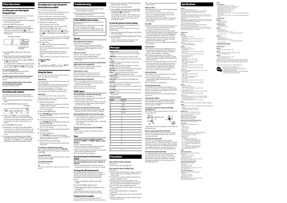 Other operations, Troubleshooting, Specifications | Messages, Precautions | Sony MHC-EC55 User Manual | Page 2 / 2