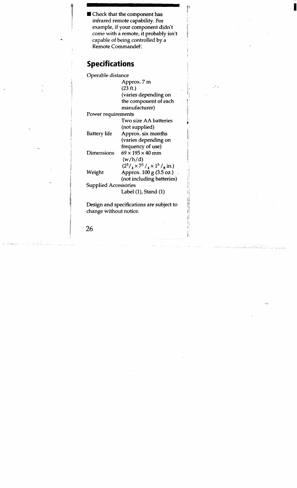 Specifications | Sony RM-V15 User Manual | Page 26 / 28