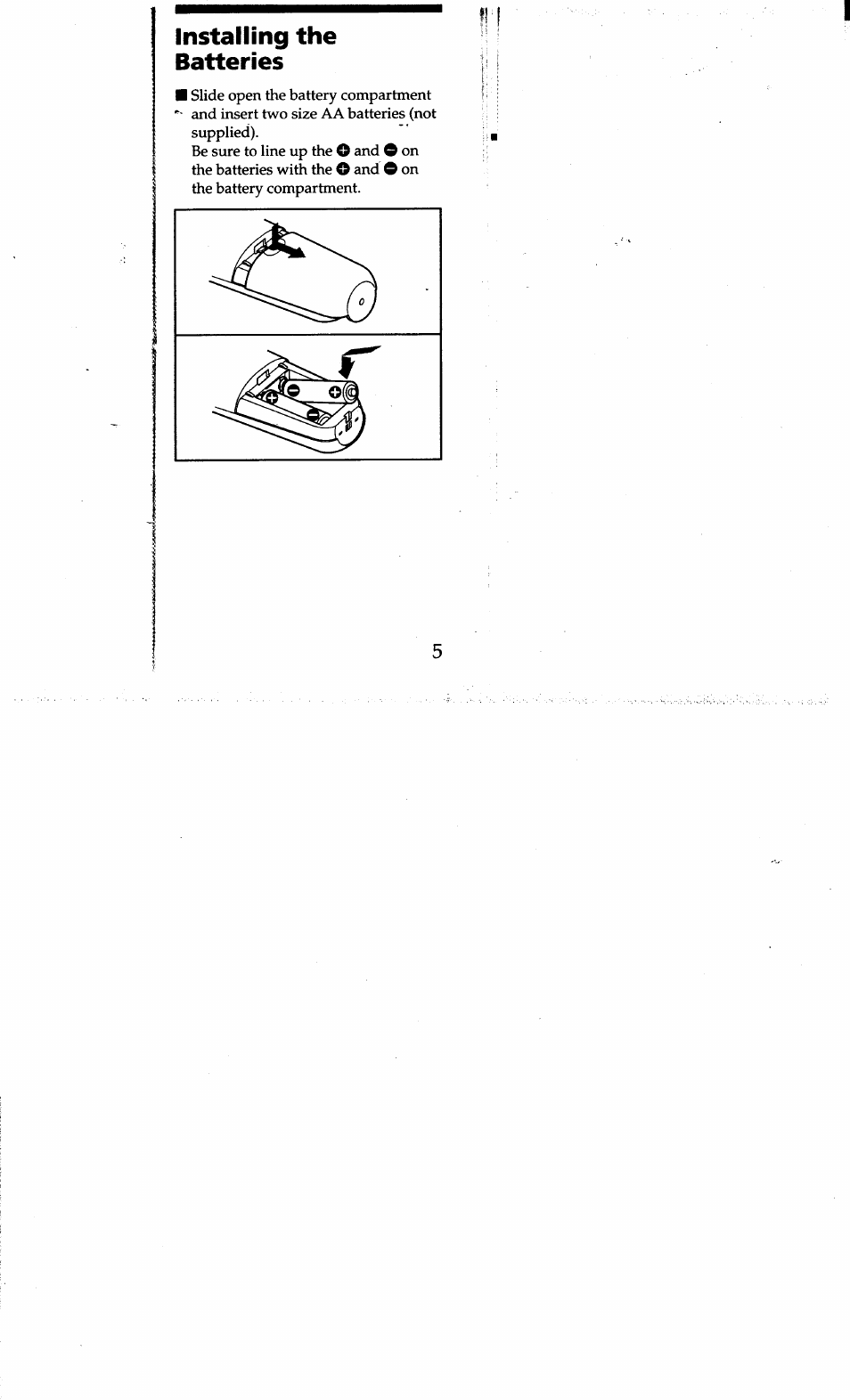 Installing the batteries | Sony RM-V15 User Manual | Page 5 / 28