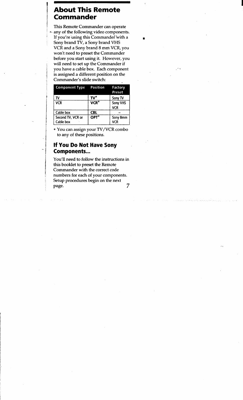 About this remote commander, If you do not have sony components | Sony RM-V15 User Manual | Page 7 / 28