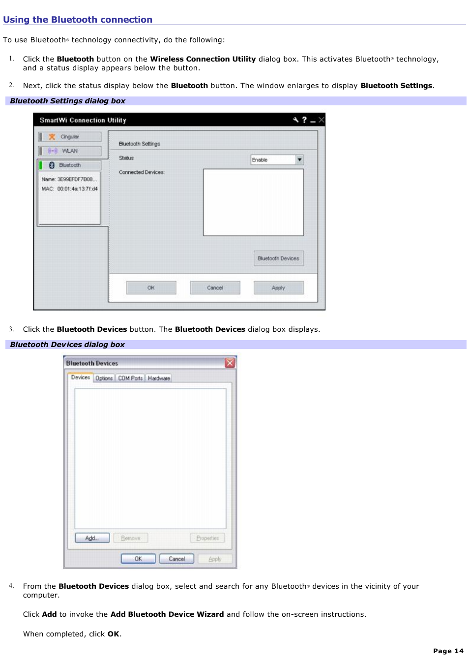 Using the bluetooth connection | Sony VGN-T360P User Manual | Page 14 / 14