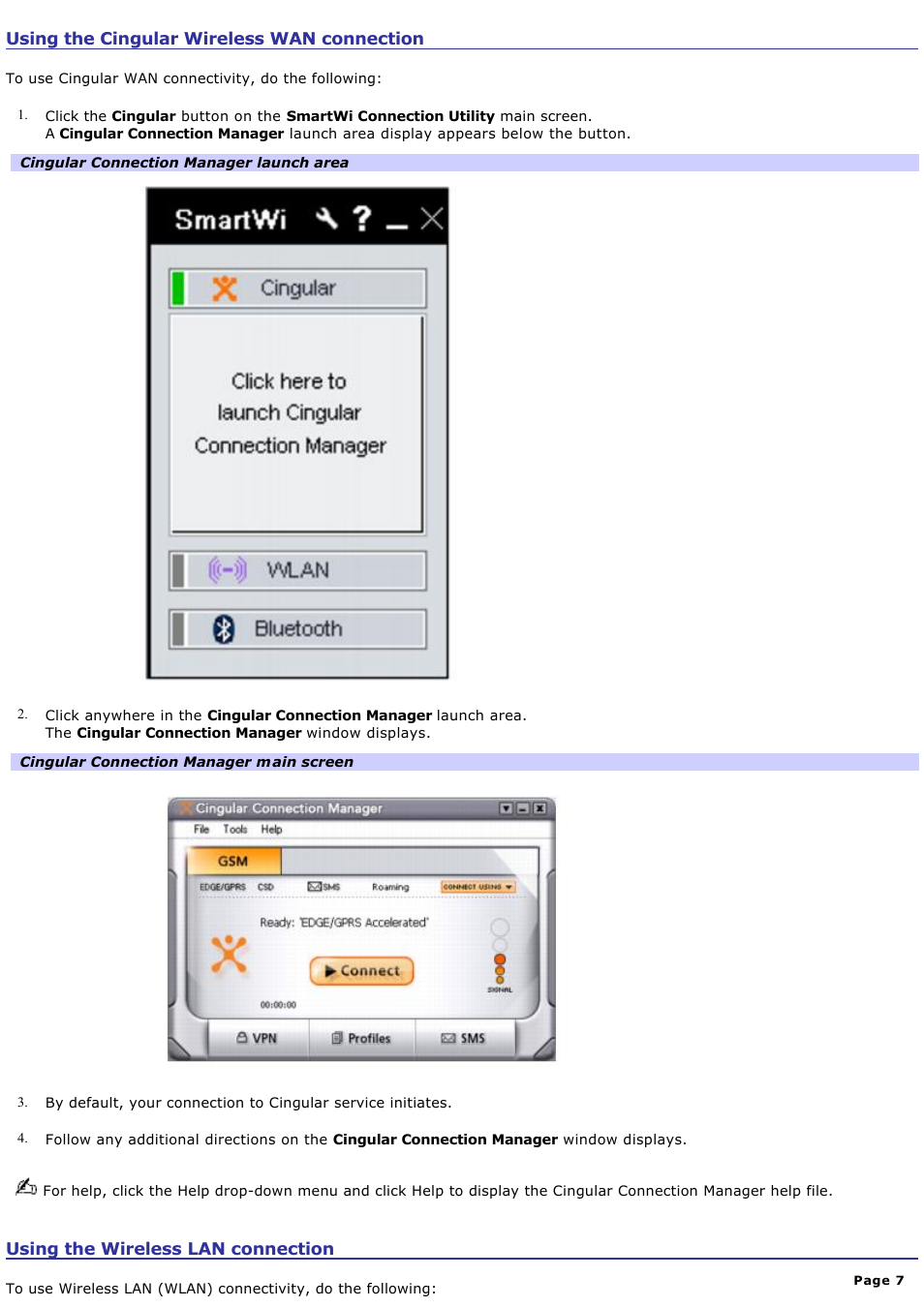Using the cingular wireless wan connection | Sony VGN-T360P User Manual | Page 7 / 14