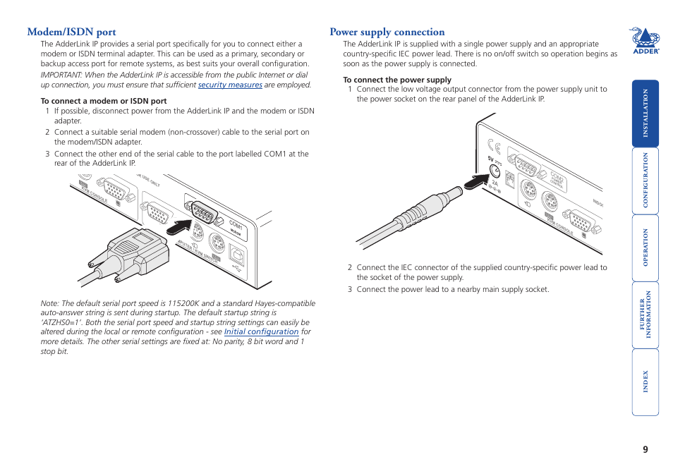 Modem/isdn port, Power supply connection, 9 power supply connection | Power input | Adder Technology AdderLink IP User Manual | Page 10 / 64