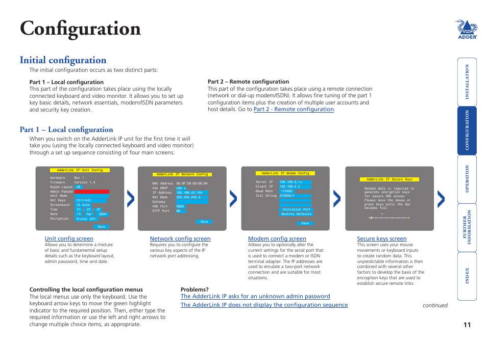 Configuration, Initial configuration, Part 1 – local configuration | Adder Technology AdderLink IP User Manual | Page 12 / 64