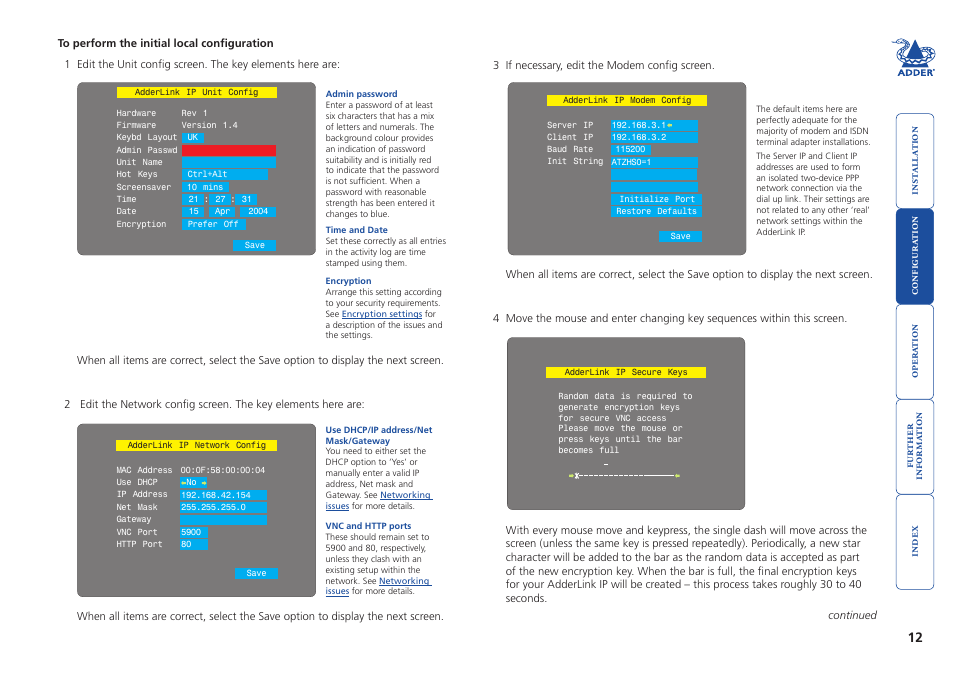 Unit config screen, Network config screen, Modem config screen | Secure keys screen | Adder Technology AdderLink IP User Manual | Page 13 / 64