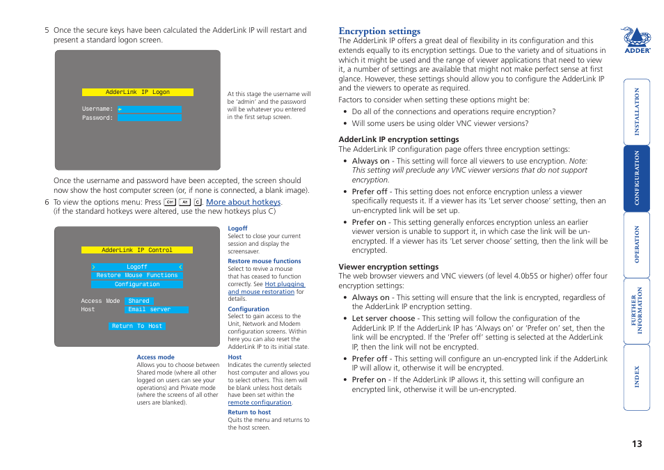 Encryption settings | Adder Technology AdderLink IP User Manual | Page 14 / 64