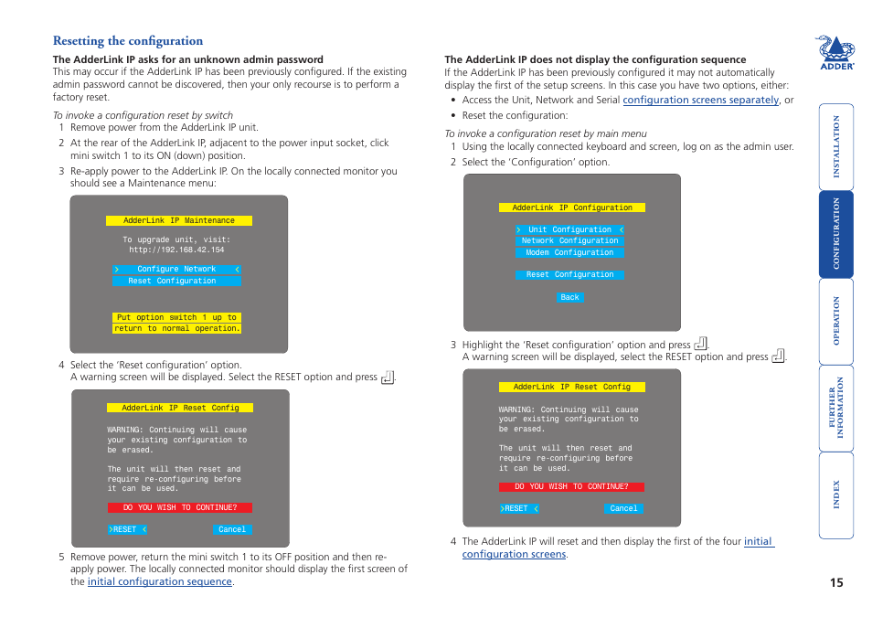 Resetting the configuration | Adder Technology AdderLink IP User Manual | Page 16 / 64