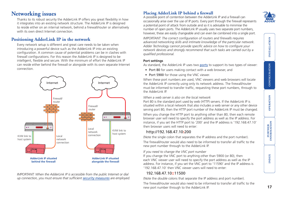 Networking issues, Positioning adderlink ip in the network, Placing adderlink ip behind a firewall | For details, Networking, Issues, Network. see | Adder Technology AdderLink IP User Manual | Page 18 / 64