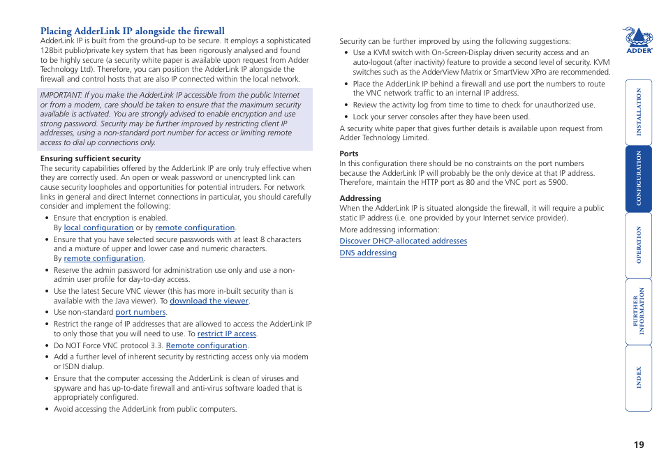 Placing adderlink ip alongside the firewall, Security measures | Adder Technology AdderLink IP User Manual | Page 20 / 64
