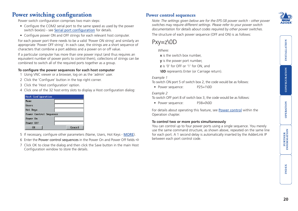 Power switching configuration, Configure the power strings, Power switching | Configuration, Section within the configuration chapter, Pxy=z\0d | Adder Technology AdderLink IP User Manual | Page 21 / 64