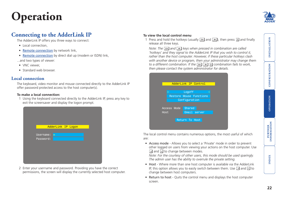 Operation, Connecting to the adderlink ip, Local connection | Computer | Adder Technology AdderLink IP User Manual | Page 23 / 64