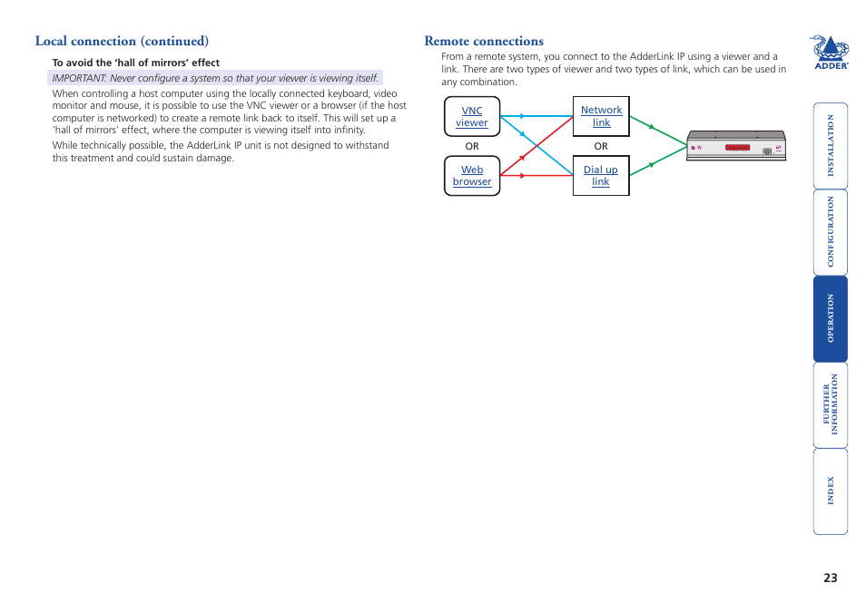 Remote connections, Remote connection, By network link | By dir | Adder Technology AdderLink IP User Manual | Page 24 / 64