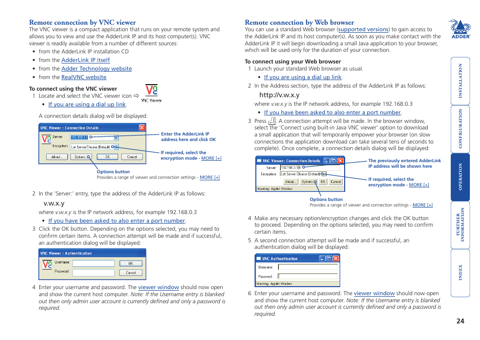 Remote connection by vnc viewer, Remote connection by web browser, 24 remote connection by web browser | Remote connection, Log on as the admin user and access the, Viewer, Network, Link, Browser | Adder Technology AdderLink IP User Manual | Page 25 / 64