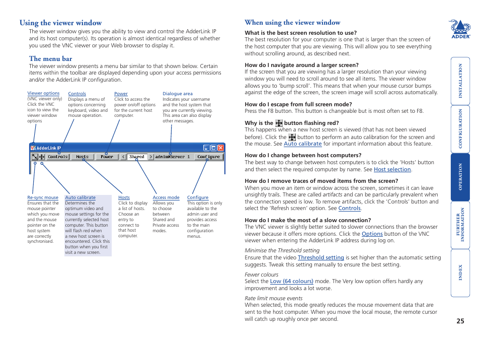 Using the viewer window, The menu bar, When using the viewer window | 25 when using the viewer window, Viewer window, Should now open | Adder Technology AdderLink IP User Manual | Page 26 / 64