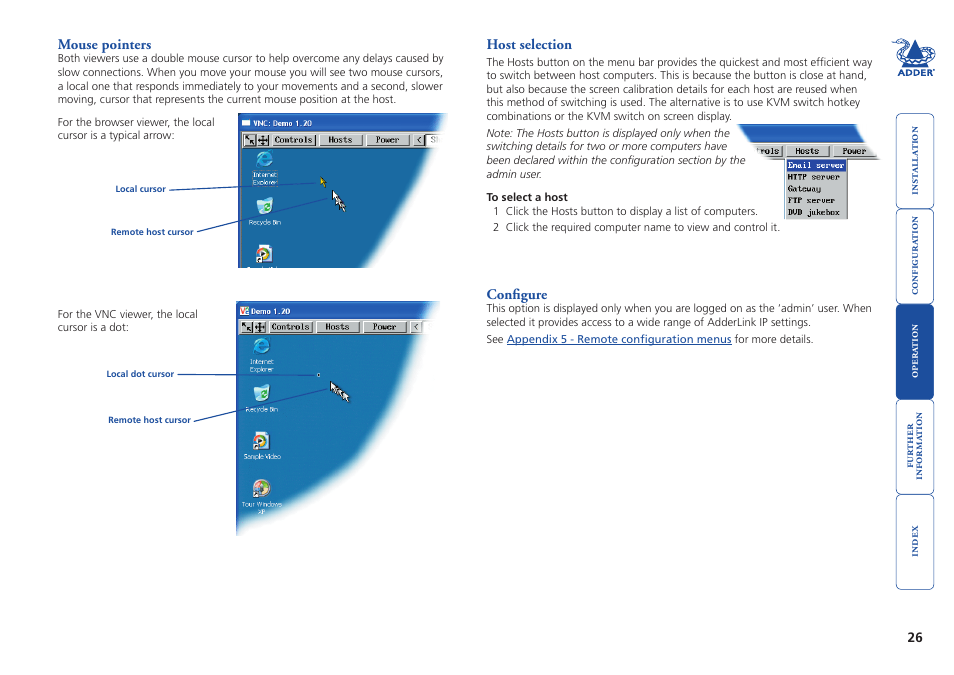 Mouse pointers, Configure, 26 configure | Auto calibrate, Hosts, Host selection | Adder Technology AdderLink IP User Manual | Page 27 / 64