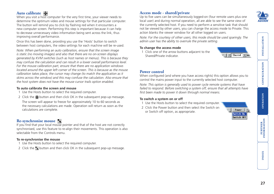 Re-synchronise mouse, Auto calibrate, Access mode - shared/private | Power control, 27 power control, Operate remote power switching, Re-sync mouse, Access mode, Power, For important information about this featur | Adder Technology AdderLink IP User Manual | Page 28 / 64