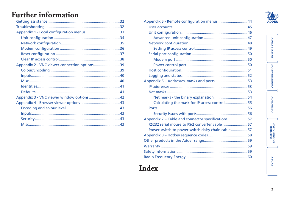 Further information, Index | Adder Technology AdderLink IP User Manual | Page 3 / 64