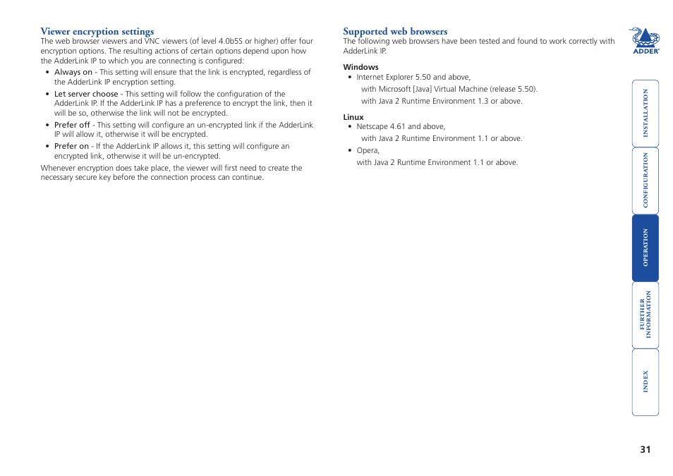 Viewer encryption settings, Supported web browsers, 31 supported web browsers | Supported versions, To gain access to, More, Encryption mode - more | Adder Technology AdderLink IP User Manual | Page 32 / 64
