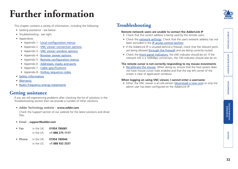 Further information, Getting assistance, Troubleshooting | 32 troubleshooting, Switch | Adder Technology AdderLink IP User Manual | Page 33 / 64