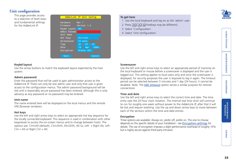 Unit configuration, More about hotkeys, Local configuration | Or by | Adder Technology AdderLink IP User Manual | Page 35 / 64
