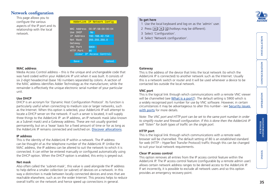 Network configuration, In the either the, Local | Check the, Network settings, Check that the users network addr | Adder Technology AdderLink IP User Manual | Page 36 / 64