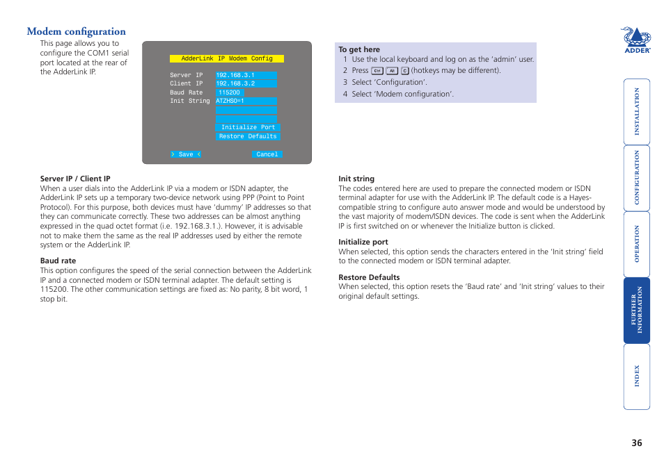 Modem configuration | Adder Technology AdderLink IP User Manual | Page 37 / 64