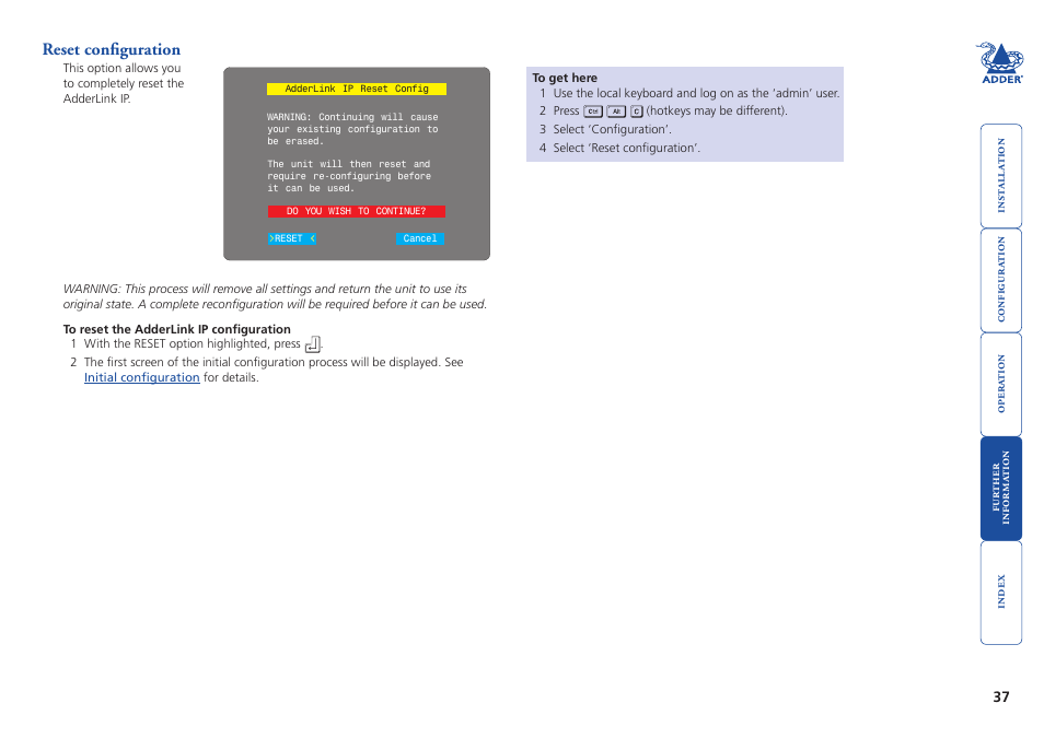 Reset configuration | Adder Technology AdderLink IP User Manual | Page 38 / 64