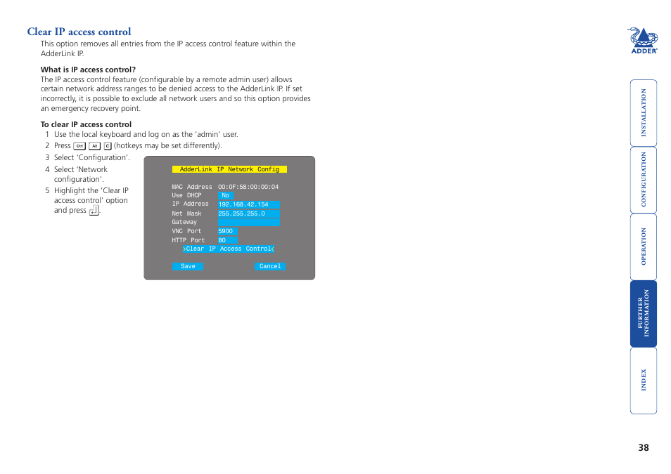 Clear ip access control | Adder Technology AdderLink IP User Manual | Page 39 / 64