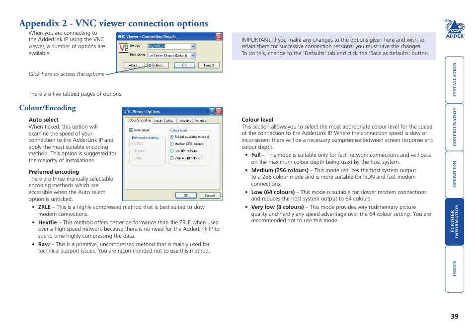 Appendix 2 - vnc viewer connection options, Colour/encoding, Ovides a range of viewer and connection settings | More, E options. click the, Options, Button of the vnc, Low (64 colours), Vnc viewer connection options | Adder Technology AdderLink IP User Manual | Page 40 / 64