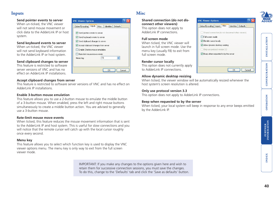 Inputs, Misc, 40 misc | Adder Technology AdderLink IP User Manual | Page 41 / 64