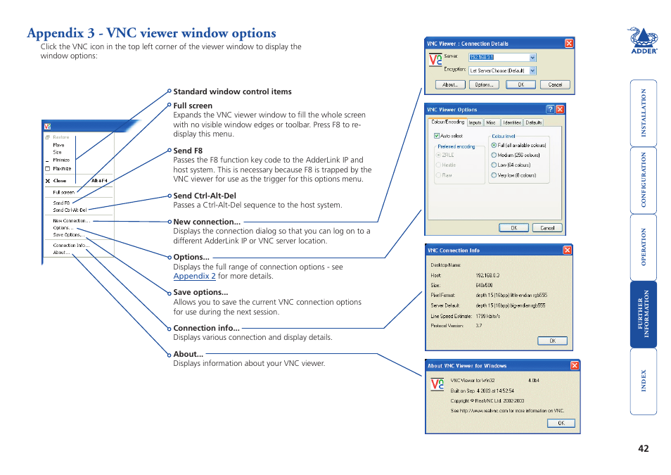Appendix 3 - vnc viewer window options, Viewer options, Vnc viewer window options | Adder Technology AdderLink IP User Manual | Page 43 / 64