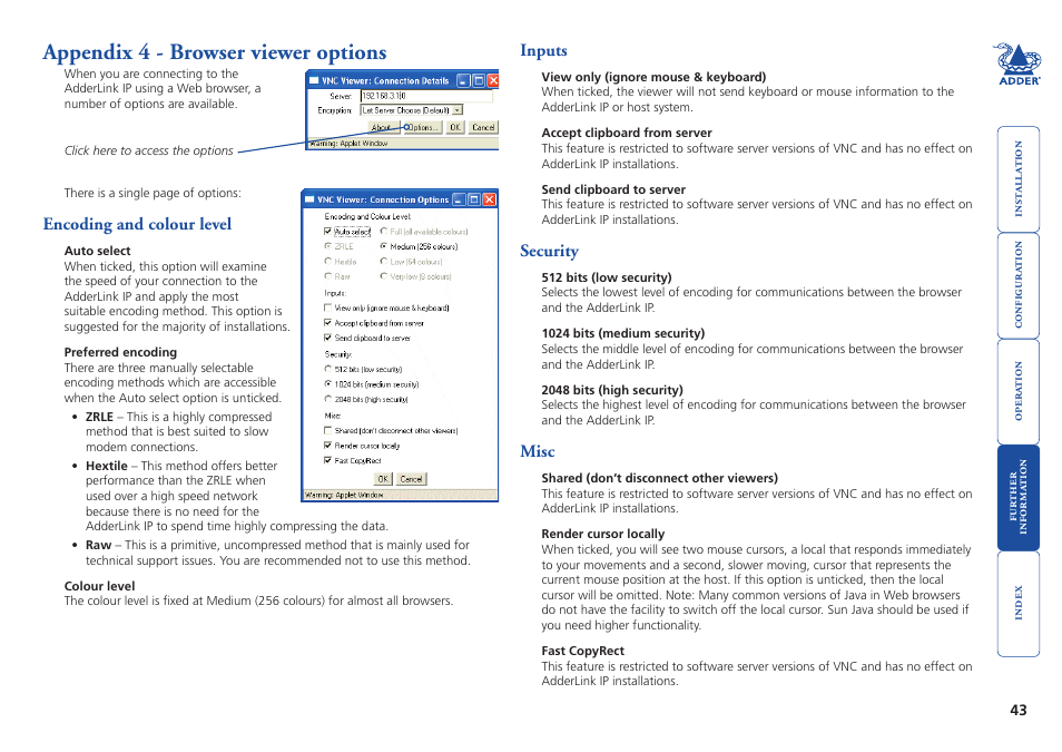 Appendix 4 - browser viewer options, Encoding and colour level, Inputs | Security, Misc, 43 inputs, 43 security, 43 misc, Ovides a range of viewer and connection settings, More | Adder Technology AdderLink IP User Manual | Page 44 / 64
