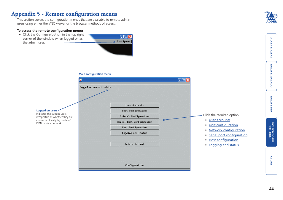 Appendix 5 - remote configuration menus, Appendix 5, Remote configuration menus | Configure | Adder Technology AdderLink IP User Manual | Page 45 / 64