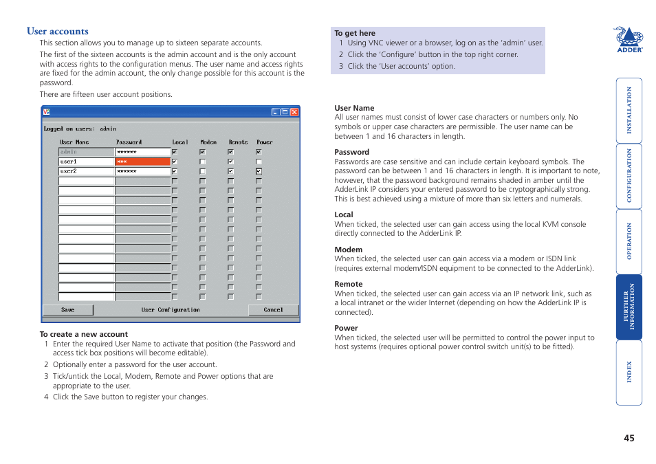 User accounts, Remote configuration | Adder Technology AdderLink IP User Manual | Page 46 / 64