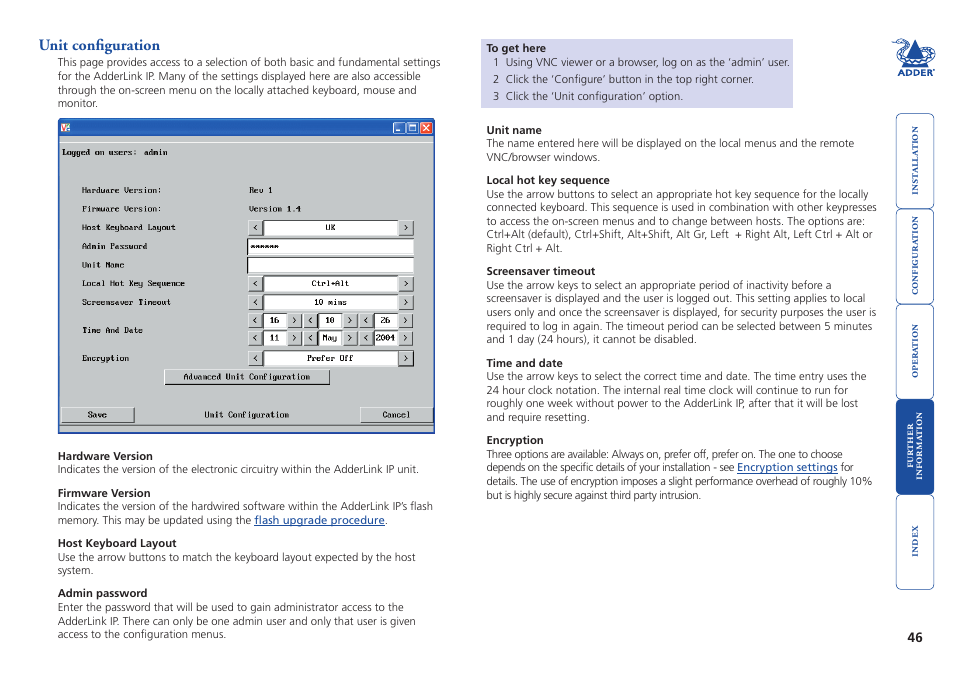 Unit configuration, Remote configuration, Unit | Adder Technology AdderLink IP User Manual | Page 47 / 64