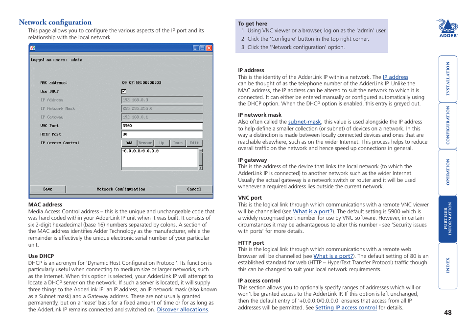 Network configuration, Remote, Network configuration scr | Adder Technology AdderLink IP User Manual | Page 49 / 64