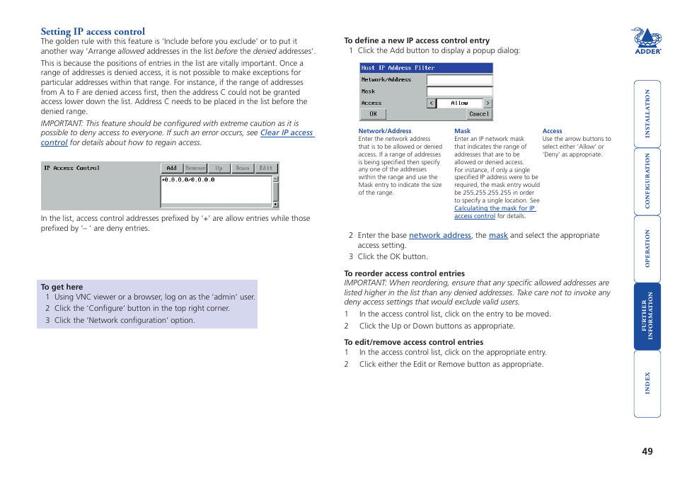 Setting ip access control, Restrict ip access, Ip access control section | Esses will be permitted. see | Adder Technology AdderLink IP User Manual | Page 50 / 64